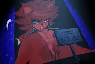 animatronic anthro areola big_breasts bodily_fluids breasts canid canine ejaculation eye_patch eyewear female fexa five_nights_at_freddy's fox foxy_(cally3d) foxy_(fnaf) fredina's_nightclub genital_fluids genitals hi_res jordevoir_(artist) machine mammal masturbation nipples open_mouth pupils pussy pussy_ejaculation robot sign slit_pupils solo vaginal_fluids vaginal_masturbation vaginal_penetration yellow_eyes