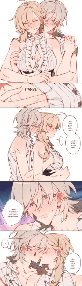 1boy 1girls blonde_female blonde_hair blush breast_play breasts closed_eyes dialogue female fondle fondling fondling_breast genshin_impact grabbing grabbing_breast grabbing_breasts looking_at_another looking_at_partner looking_back lumine_(genshin_impact) lyney_(genshin_impact) majunjuu male nervous purple_eyes sweat sweatdrop sweating