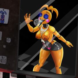 2d anthro avian blue_eyes chicken female five_nights_at_freddy's furry glowing_eyes horny large_ass pekkomi pierced_nipples robot robot_anthro robot_girl solo toy_chica_(fnaf) writing_on_wall yellow_body yellow_hair