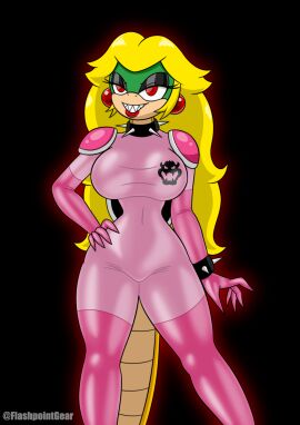 blonde blonde-haired_female blonde_female blonde_hair corruption digital_art digital_media_(artwork) fanart female flashpoint_gear_(artist) flashpointgear koopa latex latex_bodysuit latex_fetish long_hair mario_(series) nintendo pink_bodysuit pointy_teeth princess_koopa princess_peach spiked_choker tagme transformation