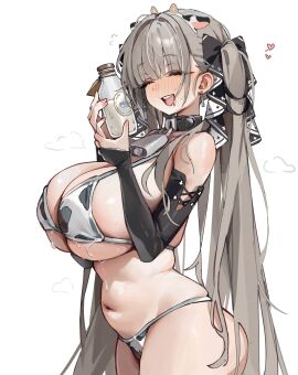 absurdres animal_ears animal_print aroused azur_lane bare_shoulders bikini blush breasts closed_eyes cow_ears cow_print cow_print_bikini drool fake_animal_ears female formidable_(azur_lane) fungi542 grey_hair hair_ornament hair_ribbon hairband highres in_heat large_breasts long_hair mouth_drool navel open_mouth print_bikini ribbon simple_background smile stomach swimsuit twintails underboob white_background