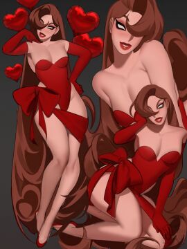 1boy artist_request bodysuit brown-haired_male brown_hair brunette_hair eros_(krow07) femboy feminine_male heels high_heels krow07 light-skinned_male light_skin lipstick long_hair male no_pupils original original_character really_long_hair red_bodysuit red_lipstick solo solo_male thick_thighs thighs white_eyes