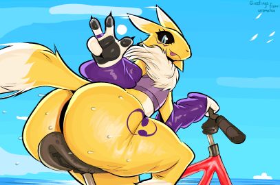 ambiguous_gender anthro arm_warmers armwear ass bandai_namco bicycle big_butt black_sclera blep blue_eyes blue_sky bodily_fluids bottom_heavy canid canine clothing crop_top digimon digimon_(species) double_tomoe fox fur hi_res huge_butt looking_at_viewer looking_back looking_back_at_viewer neck_tuft renamon riding_bike shirt sky solo sweat sweaty_butt thick_thighs tomoe_(symbol) tongue tongue_out topwear tuft uromatsu vehicle yellow_body yellow_fur