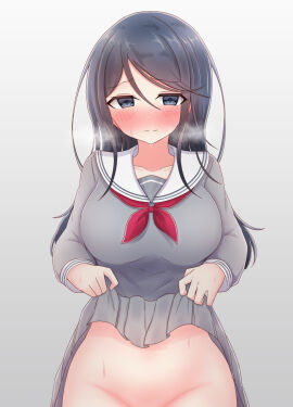 1girls big_breasts black_eyes black_hair blush bow breasts chiaki_himanagi female hoshino_ichika_(project_sekai) lifted_by_self long_hair looking_at_viewer miyamasuzaka_girls'_academy_school_uniform no_panties pointy_chin project_sekai red_bow school_uniform skirt skirt_lift skirt_lifted_by_self solo solo_female solo_focus sweat