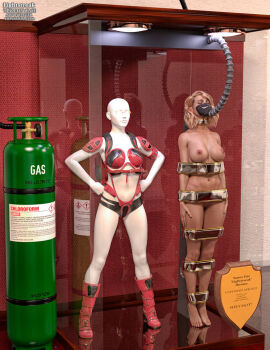 1girls 3d bound bound_arms bound_legs completely_nude female female_only full_body mannequin nude nude_female original original_character solo superheroine thejpeger trophy_case