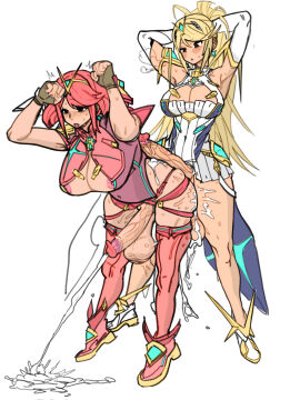 2futas against_wall balls bent_forward bent_over big_breasts blonde_hair blush bottomless breasts clothed clothing color_edit colored cum cum_in_pussy cum_inside cum_puddle cum_while_penetrated cumdrip cumshot duo ejaculation from_behind futa_on_futa futa_only futanari hand_on_head hands-free handsfree_ejaculation hitobashira_(1746164306) human hung_bottom intersex large_balls large_breasts large_penis large_testicles light-skinned_futa light_skin mostly_clothed mythra nintendo nipple_bulge orgasm partially_clothed penis pussy pussy_juice pyra red_hair sex solarismaximumcat standing stomach_bulge sweat sweatdrop testicles victim_alice xenoblade_(series) xenoblade_chronicles_2