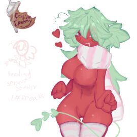 breasts breasts_out cookiecreamy dandy's_world female genderswap genderswap_(mtf) green_hair heart_symbol long_hair naked naked_female red_body rule_63 scarf sprout_(dandy's_world) stockings tail watermark