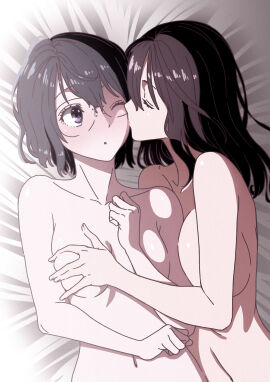 2girls absurd_res absurdres bed bed_sheet belly belly_button black-haired_female black_hair breast_grab breast_grab_during_sex breast_press breast_press_on_chest breast_squeeze breasts breasts_press breasts_pressed_against_partner breasts_pressed_together busty busty_female cleavage closed_eyes collarbone completely_naked completely_nude dot_nose elbows female female_only fingernails fingers glasses glasses_on_face glasses_on_head grabbing_breast grabbing_breast_during_sex grabbing_breasts hair_between_eyes hand_on_another's_breast hand_on_another's_chest hand_on_breast hand_on_chest head_tilt high_resolution highres indoor indoor_nudity indoor_sex indoors indoors_sex kinomiya_aya kissing kissing_cheek large_breasts lean_figure lesbian_kiss lesbian_only light-skinned_female light_skin long_hair looking_sideways looking_to_the_side medium_breasts medium_hair multiple_females multiple_girls mutual_yuri nakayama_shiori naked naked_female narrow_waist navel nude nude_female nudity ogino_jun on_back on_side one_one_eye_open original original_art original_artwork original_character original_characters pale-skinned_female pale_skin pressing_breast_on_partner pressing_breasts_together profile purple-eyed_female purple_eyes pushing_breasts_together short_hair shoulders sideboob simple_background slender_body slender_waist slim_female slim_waist squeezing_breast squeezing_breasts squeezing_breasts_together thin_waist tilted_head toumei_ningen_no_hone underboob upper_body white_background white_bed white_bed_sheet yuri