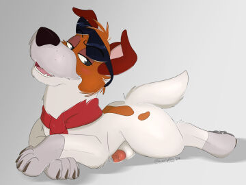 absurd_res animal_genitalia animal_penis ass aurapuparts bandana blush bodily_fluids brown_body brown_fur canid canine canine_genitalia canine_penis canis digital_media_(artwork) disney dodger_(oliver_and_company) domestic_dog eyewear feral fur genital_fluids genitals hair hi_res hunting_dog jack_russell_terrier kerchief looking_at_viewer male mammal neckerchief oliver_and_company open_mouth penis sheath simple_background solo sunglasses tail terrier white_body