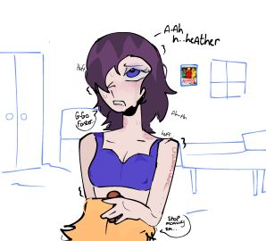 2girls blonde_hair blue_eyes bra brown_hair dialogue english_text female female_focus female_only hand_on_head heather_chandler heathers heathers_(musical_adaptation) lesbian light_skin musical oral_sex pussy pussy_eating text veronica_sawyer yuri