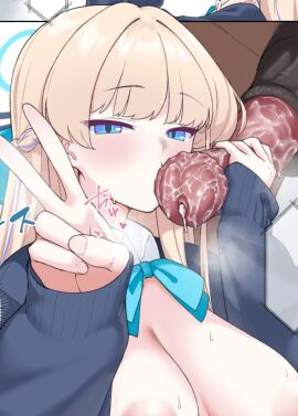 1boy animal_penis aqua_bow aqua_bowtie blonde_hair blue_archive blush bow bowtie breasts breasts_out collared_shirt cum cumdrip female hands_up highres horse_penis kissing_penis large_areolae large_breasts large_penis long_hair long_sleeves looking_at_viewer male mannen_junyuuki oral penis puffy_nipples school_uniform shirt sidelocks sleeves_past_wrists solo sound_effects steaming_body straight toki_(blue_archive) uncensored v zoophilia