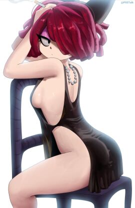 black_dress cigarette female p0stalk ragatha ragatha_(the_amazing_digital_circus) sideboob solo_female the_amazing_digital_circus