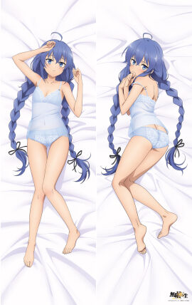 1girls ahoge arm_up armpits ass ass_cleavage ass_crack back bare_arms bare_legs bare_shoulders bare_thighs barefoot bed_sheet belly_button_visible_through_clothing blue_eyes blue_hair blue_panties blush body_blush braid braided_twintails breasts butt_crack camisole cleavage dakimakura dakimakura_design feet female female_only hand_covering_mouth long_hair lying mushoku_tensei official_art on_side panties roxy_migurdia see-through_clothing small_breasts solo strap_slip thighs toes twin_braids underwear