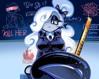 agencytorment big_breasts black_eyeshadow black_pearl_cookie breasts chalkboard classroom cookie_run cookie_run_kingdom devsisters female female_focus fin_ears gem_mermaid gem_on_forehead hair_over_one_eye long_eyelashes long_hair merfolk mermaid mermaid_girl mermaid_tail oyster_cookie pitaya_dragon_cookie ruler slit_pupils source_request tagme teacher_outfit white_hair