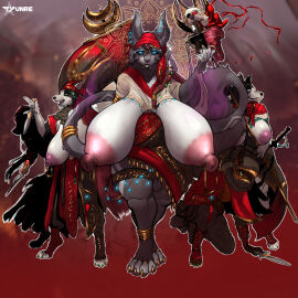 ambiguous_gender anthro balls banner big_breasts body_horror breasts canid canine clothing costume dagger electricity fangs felid feline female fur futanari gem genitals gold_(metal) gold_tooth grey_body grey_fur group hi_res huge_breasts intersex jewelry lightning lynx male mammal mature_female melee_weapon nipple_piercing nipples original original_character piercing red_background red_clothing saggy_balls simple_background tail teeth tyunre weapon white_body white_fur zephyr_(tyunre)