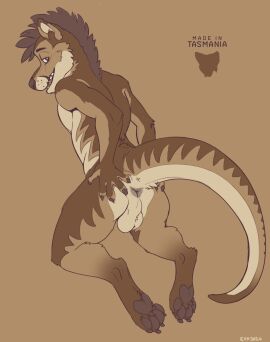 anthro anus ass backsack balls ballsack dasyuromorph evalion genitals hi_res looking_at_viewer looking_back looking_back_at_viewer male male_only mammal marsupial open_mouth open_smile pawpads recently_extinct_species smile solo spread_ass spread_butt spreading tail thylacine