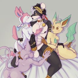 abs anthro anus ass athletic athletic_anthro athletic_male balls balls_lick barbell_piercing black_body black_fur black_hair blue_markings bodily_fluids bow_(anatomy) bridge_piercing brown_sclera cheek_tuft closed_eyes dripping ear_piercing ear_ring eeveelution espionage eyebrow_piercing facial_piercing facial_tuft femboy forked_tail french_kissing frenum_ladder frenum_piercing fur generation_4_pokemon generation_6_pokemon genital_fluids genital_piercing genitals gold_(metal) gold_anklet gold_armlet gold_cock_ring gold_jewelry gold_legband gold_necklace gold_ring gordonb green_background group group_sex hair hi_res highlights_(coloring) jewelry jewelry_only kissing ladder_piercing leaf leaf_hair leaf_tail leafeon licking male male/male mammal markings multicolored_body multicolored_fur murid murine muscle_tone muscles necklace nintendo nipple_barbell nipple_piercing nipples nose_piercing nose_ring oral orgy pecs penis penis_piercing perineum philomaeus piercing pink_body pink_fur plant plant_hair pokemon pokemon_(species) precum precum_drip precum_string prince_albert_piercing pseudo_hair purple_body purple_fur rat ribbons_(anatomy) ring_piercing rodent royalty sash sex simple_background sylveon tail tan_body tan_fur tongue tongue_out tuft two-tone_body two-tone_fur unusual_anatomy unusual_tail waist_accessory white_body white_fur white_highlights