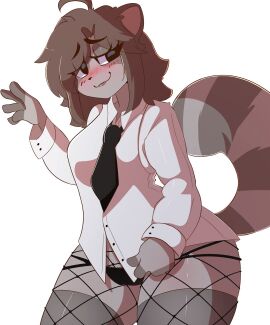 black_eyes black_fur blush brown_hair clothing dress_shirt female fishnet furry furry_female furry_only grey_fur miss_raccoonto original original_character raccoon seductive uniform white_shirt