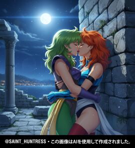 against_wall closed_eyes couple eagle_marin embrace girls girls_kissing greek green_hair holding kiss_on_lips kissing lesbian_couple lesbian_kiss moon moonlight night night_time nighttime ophiuchus_shaina red_hair saint_seiya tongue tongue_kiss tongue_out women women_only yuri