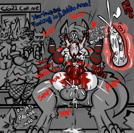 anthro blush bodily_fluids butt_slap canid canine canis cum cum_inside felid female folfie_winter full_nelson genital_fluids group heart_symbol hybrid knotting male male/male mammal public public_sex roder_vasquez sex slap spanish_text text tongue tongue_out wolf