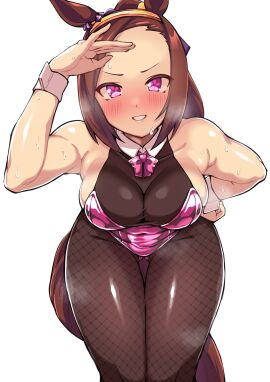 1girls absurd_res bent_over big_forehead blush breasts breath brown_hair cleavage female fishnets hairband hand_on_hip hi_res horse_ears horse_girl horse_tail kemonomimi leaning_forward leotard long_hair looking_at_viewer medium_breasts pantyhose pink_eyes ponytail sakura_bakushin_o_(umamusume) smile solo solo_female solo_focus steam sweat thick_thighs thigh_gap toned toned_female umamusume umamusume_pretty_derby wide_hips wrist_cuffs