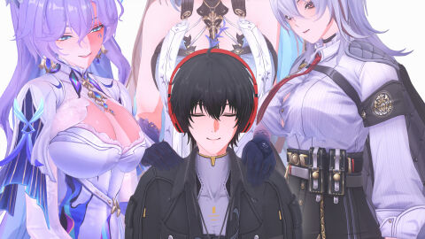 1boy 3girls abilfloridaarts absurdres blue_hands blush cantarella_(wuthering_waves) colored_inner_hair crown_of_thorns female fleurdelys_(wuthering_waves) floating_crown gloves hair_ornament headphones highres holding horns long_hair long_horns long_sleeves male male_rover_(wuthering_waves) multicolored_hair multiple_females multiple_girls pointy_ears rover_(wuthering_waves) single_horn smile tabard tacet_mark_(wuthering_waves) white_tabard wuthering_waves zani_(wuthering_waves)