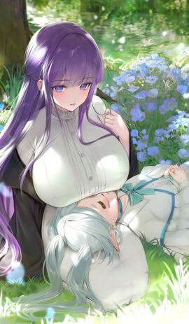 2girls :3 =_= absurdres aroused_nosebleed black_coat blue_choker breast_rest breasts breasts_on_head bug butterfly buttons choker closed_eyes closed_mouth coat commentary_request day dress earrings elf female female_only fern_(sousou_no_frieren) flower frieren grass grey_hair hand_up highres jewelry lap_pillow large_breasts light_blush long_hair looking_at_viewer multiple_females multiple_girls off_shoulder open_clothes open_coat outdoors own_hands_together parted_lips pointy_ears purple_eyes purple_flower purple_hair river seiza sitting smile sousou_no_frieren sweatdrop tree twintails very_long_hair water white_dress