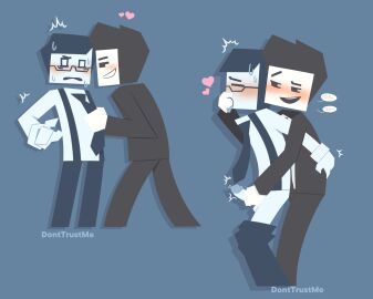 2boys artist_signature bar_(flicker) baz_(flicker) blue_background blush boner business_suit donttrustme erection_under_clothes fingers_in_mouth flicker_x86 flirting gay glasses heart heart_symbol jerkingoff_another male masturbating_other no_dialogue office penis precum pulling_tie reach_around simple_background suspenders sweat sweating tie toony yaoi