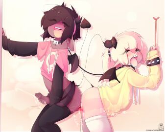 1femboy 2boys anal angel_(hoodie) cum cumshot double_dildo femboy game_cg hoodie_(artist) male masturbation max_(hoodie) original short_hair succubus_tail succubus_wings thighhighs thighs