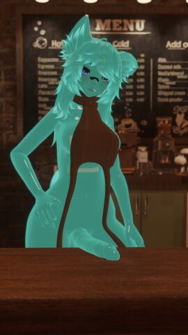 1futa 3d 3d_model animal_ears barista cafe content_creator female futanari green_body green_hair green_skin intersex large_penis looking_at_viewer maxi_the_muse penis slime slime_girl slime_monster virgin_killer_sweater vr_media vrchat vrchat_avatar vrchat_media vrchat_model