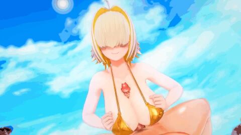 1boy 3d animated bikini blonde_hair blue_sky blush breasts censored collarbone day edmond_(artist) elegg_(nikke) female goddess_of_victory:_nikke gold_bikini grabbing_another's_breast groping hair_over_eyes koikatsu_(medium) large_breasts looping_animation medium_hair mosaic_censoring open_mouth outdoors paizuri penis pov pov_crotch precum sky smile solo_focus straight swimsuit tagme upper_body video water