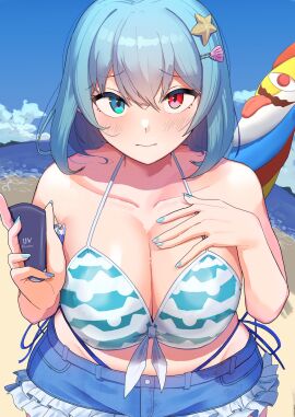 1girls beach big_breasts bikini_top blue_eyes blue_hair breasts cleavage clouds detailed_background female heterochromia kogasa_tatara kogasa_tatara_(umbrella) light-skinned_female light_skin looking_at_viewer panties pov red_eyes sand skirt sky solo solo_female tatara_kogasa_(beach_umbrella_castaway) touhou touhou_lost_word touhou_lostword urizaku3 water youkai