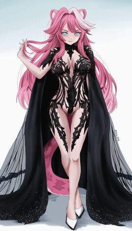 1girls blue_eyes blush breasts chronopattern_dress cleavage dress embarrassed female female_only heels hololive hololive_english hololive_english_-justice- huge_breasts light-skinned_female light_skin meme_attire pink_hair solo varo_006 virtual_youtuber white_heels