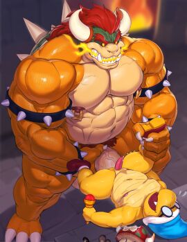 2boys anal anal_sex anthro anthro_on_anthro anthro_penetrated anthro_penetrating_anthro balls big_muscles big_penis bowser claws collar duo erection fire fire_breathing fishingmanmax furry furry_only gay gay_sex glasses horns huge_cock kamek koopa large_muscles large_penis larger_male magic_wand male male/male male_nipples male_only mario_(series) muscles muscular muscular_anthro muscular_male nintendo nipple_piercing nipples open_mouth penis penis_size_difference piercing red_hair reptile scalie sex sharp_teeth shell size_difference smaller_male spiked_shell