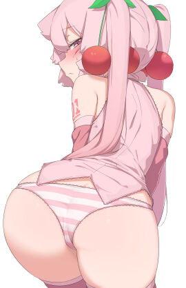 1girls abmayo ass ass_focus back_view behind_view big_ass big_butt blush cherry_blossoms cherry_hair_ornament female female_only hair_ornament hatsune_miku huge_ass legwear long_hair looking_at_viewer looking_back panties pink_and_white pink_and_white_panties pink_eyes pink_hair pink_legwear pink_panties plump plump_ass sakura_miku solo striped_clothing striped_panties stripes thick_ass thick_thighs tight_clothing twintails unamused viewed_from_behind vocaloid white_background