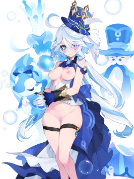 ahoge blue_hat breasts censored closed_mouth female female_only furina_(genshin_impact) genshin_impact gentilhomme_usher gloves hair_between_eyes hat highres long_hair looking_at_viewer medium_breasts mismatched_pupils mosaic_censoring multicolored_hair nipples pussy simple_background standing surintendante_chevalmarin swimsuit thigh_strap two-tone_hair waterring white_background white_gloves white_hair