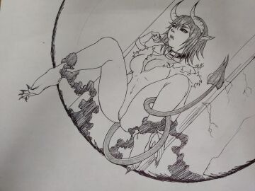 1girls 2022 big_breasts black_nails black_sclera breasts cameltoe clothing demon demon_girl demon_horns demon_tail drawing_on_paper dress el_diario_de_jonathan female histeria looking_at_viewer lord_frinck pointy_ears shackles short_hair solo tail thick_thighs thighs traditional_media_(artwork)