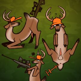 aliasing anatomically_correct anatomically_correct_genitalia anatomically_correct_penis animal_genitalia anthro antlers anus ass ass_up balls baseball_cap bodily_fluids butt_out_(hunting_tool) chumsport clothing confusion deer digital_media_(artwork) erection feral frustrated fur genital_fluids genitals gun gun_in_ass gun_play gunplay hat headgear headwear hooves horn imminent_anal lying male mammal masturbation mule_deer new_world_deer nude on_back penetration penis precum presenting quadruped ranged_weapon rifle simple_background sketch_page sniper_rifle solo tail tan_body tan_fur torturabbit weapon weapon_insertion weapon_penetration wendigoop