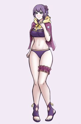 1girls alternate_costume artist_name bernadetta_von_varley bernadetta_von_varley_(summer) bikini blush breasts bridal_garter embiebun embyarts female fire_emblem fire_emblem:_three_houses fire_emblem_heroes full_body grey_eyes highres hood long_hair looking_at_viewer medium_breasts midriff navel nintendo official_alternate_costume purple_bikini purple_hair purple_swimsuit sandals simple_background smile solo swimsuit time_skip