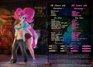 1boy 1girls absurd_res absurdres anthro anthro_on_anthro backstory between_breasts brown_hair character_profile character_sheet clothed clothing equine female highres hooves-art huge_breasts imminent_sex large_ass large_breasts larger_female male my_little_pony my_little_pony_friendship_is_magic pink_fur pink_hair pinkie_pie_(mlp) pony pound_cake_(mlp) shoes smaller_male smiling stats tail white_hair younger_male