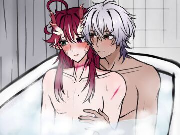 bath bathing bathroom bathtub blush dark-skinned_male dark_skin dragon dragon_horns gay hand_on_chest heterochromia light-skinned_male light_skin male male/male male_focus male_only oc original original_character original_characters scar teasing the4vs yaoi