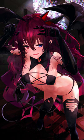 1girls 2d arms_up bare_shoulders belly belly_button blush bra breasts cleavage clothing demon detached_collar digital_drawing_(artwork) elf_ears female female_focus female_only getto_(ifphilo) gloves hair heterochromia hololive hololive_english hololive_english_-promise- horns irys irys_(hololive) legs legs_apart light_skin long_hair midriff navel open_eyes open_mouth panties pink_hair ripped_thighhighs solo standing string_panties succubus succubus_costume succubus_tail thighhighs virtual_youtuber