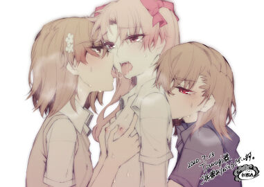2girls 3girls absurdres artist_logo blush bow breasts brown_eyes brown_hair collared_shirt commentary_request female flower french_kiss groping group_sex hair_flower hair_ornament hair_ribbon hairbow higashizukihi_sei highres kissing kissing_shoulder logo long_hair looking_at_another misaka_imouto misaka_mikoto multiple_females multiple_girls nipples no_bra open_clothes open_mouth red_bow red_eyes red_ribbon ribbon saliva school_uniform shirai_kuroko shirt short_hair short_sleeves simple_background small_breasts steam sweat sweater_vest teenage_female teenager teenager_on_teenager threesome to_aru_kagaku_no_railgun to_aru_majutsu_no_index tokiwadai_school_uniform tongue tongue_out twintails upper_body white_background white_shirt young yuri