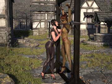 2girls 3d baldur's_gate_3 black_hair bondage bound bound_ankles bound_wrists clothed_female_nude_female completely_nude dungeons_and_dragons female forgotten_realms gith githyanki green_skin lae'zel lezdom mjrs nude nude_female shadowheart spear weapon