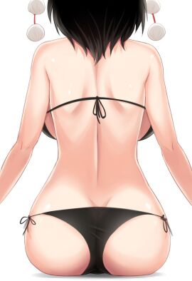 1girls ass back bare_arms bare_shoulders bikini black_bikini black_hair breasts commentary_request female from_behind highres large_breasts pom_pom_(clothes) shadow shameimaru_aya short_hair side-tie_bikini_bottom simple_background sitting solo string_bikini swimsuit tagme touhou white_background wuwusan