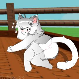 1girls 3d_background art_hex ass black_eyes black_legwear black_shirt blush cat_ears female functionally_nude furry_only grow_a_garden heart hearts_around_head looking_back no_panties on_bed partially_clothed presenting presenting_pussy pussy request roblox roblox_avatar roblox_background roblox_game roblox_rthro robloxian self_upload solo solo_focus thighs twitter_username white_body white_hair white_tail