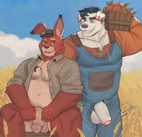 2025 anthro balls black_hair bottomless bottomless_anthro bottomless_male canid canine canis clothed clothing countershade_balls countershade_crotch countershade_face countershade_genitalia countershade_torso countershading domestic_dog duo eyewear flaccid foreskin fur genitals glasses gol1ath hair hat headgear headwear hi_res holding_object humanoid_genitalia humanoid_penis lagomorph leporid male male/male male_anthro mammal musclegut muscular muscular_anthro muscular_male open_clothing open_mouth open_shirt open_smile open_topwear outside overalls overweight overweight_anthro overweight_male partially_clothed partially_clothed_anthro partially_clothed_male penis penis_poking_out penis_through_fly rabbit red_body red_fur shirt sitting smile standing tail tan_body tan_fur teeth tongue topwear uncircumcised wearing_glasses wheat white_body white_fur