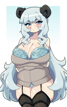 1girls aqua_hair arms_under_breasts bare_shoulders big_breasts blue_eyes blush bra breasts character_request chubby_female commission female female_only garter_straps hi_res j5daigada lingerie long_hair looking_at_viewer panda_ears panda_girl skindentation solo stockings sweater thick_thighs