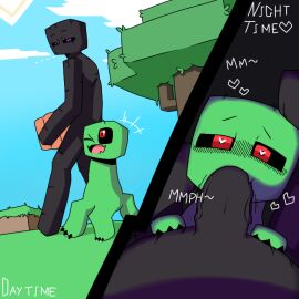 1boy 1boy1girl 1girls artist_request black_body blowjob blush creature creeper enderman female gray_hellsing green_body hand_on_head heart-shaped_pupils heart_eyes heart_symbol incorrect_source interspecies looking_at_partner looking_at_viewer looking_up male male/female minecraft minecraft_mob mob mojang monster oral outdoors pov purple_eyes red_eyes tree video_games