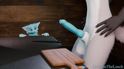 3d_(artwork) 3d_animation animal_genitalia animated anthro balls bananastheleech bedroom_eyes blue_body blue_fur bouncing_balls canid canine cutting_board digital_media_(artwork) duo ear_flick ears_up erection felid feline female foepaws fox fur furniture genitals gloves_(marking) green_eyes grey_body grey_fur imminent_castration knife kraft_trio male male/female mammal markings multicolored_body multicolored_fur narrowed_eyes penis pink_nose seductive sheath short_playtime smile swinging_penis table white_body white_fur wide_eyed